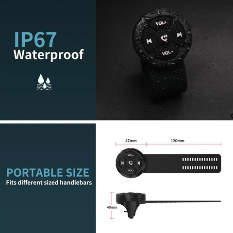 Waterproof Bluetooth Media Button Remote for Car, Bike, and Motorcycle with IP67 rating and detachable steering wheel control.