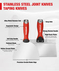 Two stainless steel joint and taping knives with ergonomic handles and polished blades. Part of 14 In 1 Painters Tool Kit For Drywall.