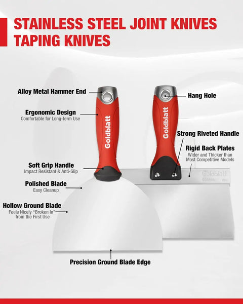 Two stainless steel joint and taping knives with ergonomic handles and polished blades. Part of 14 In 1 Painters Tool Kit For Drywall.