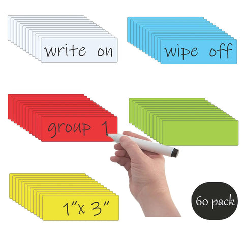 Dry Erase Magnetic Labels 1x3 Pack Of 60 Write On Magnetic Stickers Waterproof And Reusable For Classroom Office Cabinet Whiteboard Fridge And More Multicolor, assorted colored labels and hand writing on a red label.