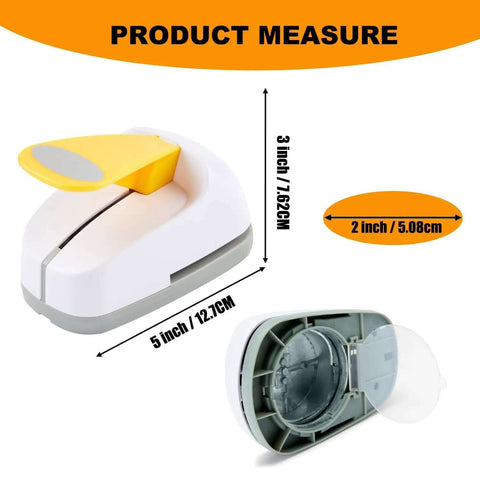 Product measure of 2 Inch Oval Lever Paper Punch for Crafting and Card Making with dimensions and open view of the tool.