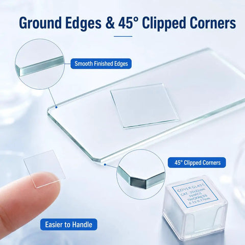 150 Piece Glass Microscope Slides And Covers Set With 50 Blank Slides And 100 Coverslips For Wet Mounts, Classroom And Home Lab Experiments, Ground Edge, 1 By 3 Inches, Compatible With Most Microscopes. Glass slide with ground edges and 45° clipped corners