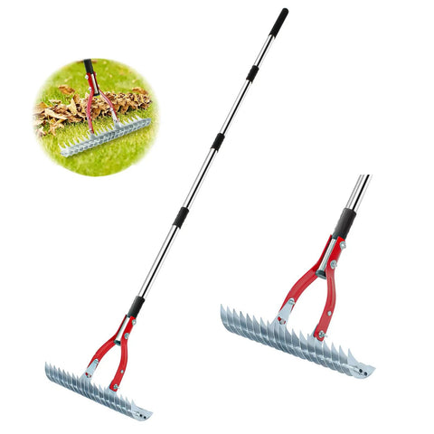 15 Inch Lawn Dethatcher Rake with Steel Handle Pro Grade Heavy Duty thatch remover showcasing steel teeth and red finish