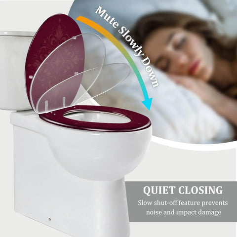 Toilet Seat Elongated Resin for Bathroom with quiet close feature, shown in maroon color, fitting standard toilets.