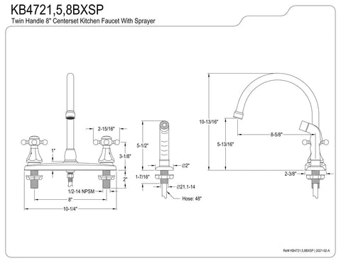 Technical drawing of Metropolitan Two-Handle Centerset Kitchen Faucet With Side Sprayer in Polished Chrome, deck mount 8 inch centerset.