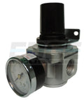 Inline air pressure regulator with gauge and mounting bracket; 3/4 in NPT, metal body.