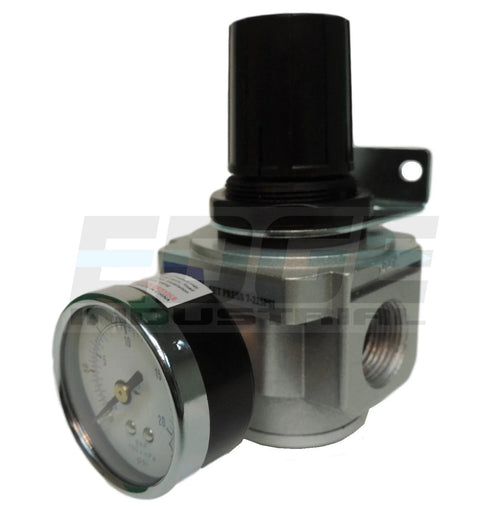 Inline air pressure regulator with gauge and mounting bracket; 3/4 in NPT, metal body.