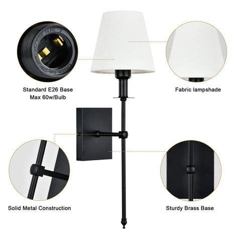 Slim Wall Sconce Set Of 2 With White Fabric Shades In Black Finish featuring E26 base, fabric shade, and metal construction details, 23.7 inch tall