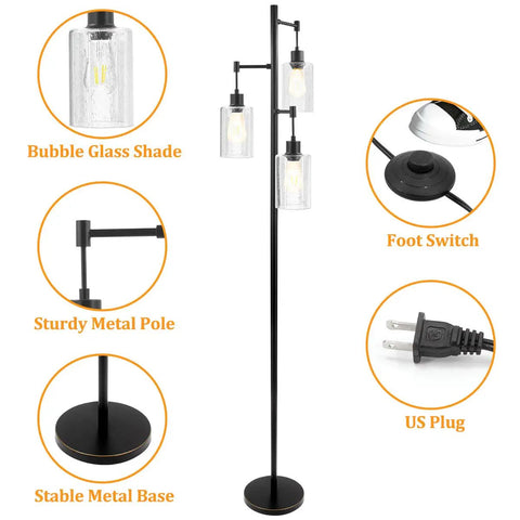 Industrial Tree Floor Lamp With Three Hanging Bubble Glass Shades And Edison LED Bulbs Sturdy Vintage Pole Light For Living Room Bedroom Or Office Farmhouse Rustic Style With 360 Degree Beam Tall Modern Rustic Decor