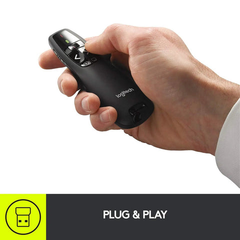 Hand holding R400 Wireless Presenter With USB A PowerPoint Clicker And Red Laser Pointer For Easy Slideshow Control Plug And Play Remote