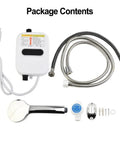 Instant Tankless Electric Water Heater 3500W With Lcd Display Compact Quick Heat Shower Tap For Bathroom And Kitchen No Sweat Ready In A Snap Hassle Free Flow Control package contents including heater, shower head, and hoses.
