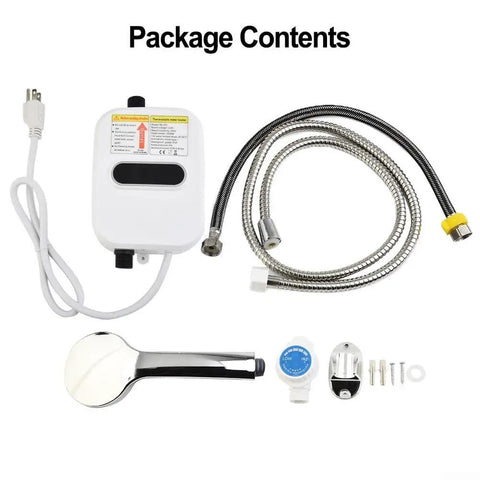 Instant Tankless Electric Water Heater 3500W With Lcd Display Compact Quick Heat Shower Tap For Bathroom And Kitchen No Sweat Ready In A Snap Hassle Free Flow Control package contents including heater, shower head, and hoses.