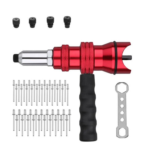 Upgrade Your Gear With This Ultimate Durability Drill Adapter For Riveting That Slaps With 100 AntiCorro Coated Rivets Perfect For Trailer Hacks HVAC Fixes And Snagging Stuck Bolts In Hard Metal Jobs Fast. Red drill adapter with brass tip, 100 rivets, and wrench