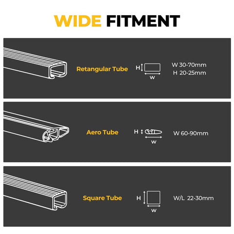 Wide fitment details for Heavy Duty Lockable Ski Racks With Slick Sliding Extension For Car Roof Secure Snowboard Transport Kit.