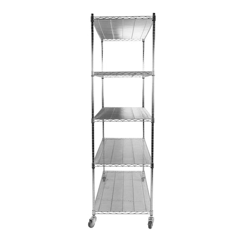 Heavy Duty Five Tier Rolling Wire Shelving Rack Built Tough For Garage Use With Smooth Gliding Casters and fully adjustable heights.