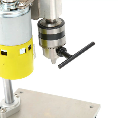 Hilitand Mini Benchtop Drill Press With 1000-4500Rpm Adjustable Speed Aluminum Alloy Body showing the motor and chuck.