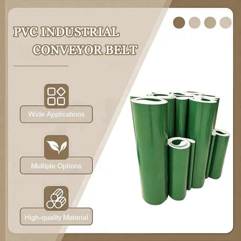 Wide Green PVC Conveyor Belt For Packaging Lines And Home Use displayed in rolls, industrial grade, 40x560 cm, 3 mm thick.
