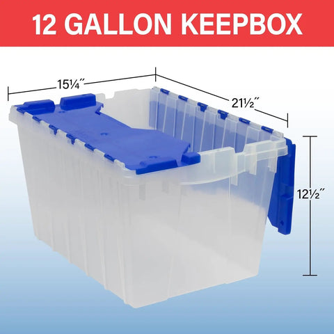 KeepBox 12 Gallon Stackable Storage Tote With Attached Lid For Easy Nesting Clear Plastic Box With Dimensions Display