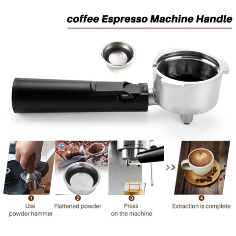 Solid 51mm Portafilter And Built Tough Bracket Handle For Espresso Machines With Pressurized Filter Fits KF6001 KF7001 KF5002 Home Barista Setup Top Shelf Pull, showing stainless steel portafilter with black handle.