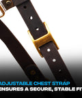 Close-up of adjustable chest strap on oil tanned leather tool belt suspenders for men with heavy duty padded support and chest strap.