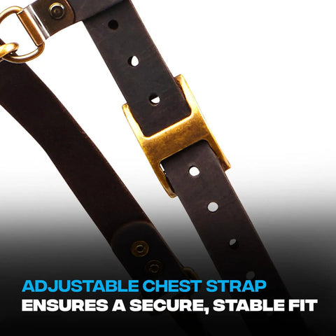 Close-up of adjustable chest strap on oil tanned leather tool belt suspenders for men with heavy duty padded support and chest strap.