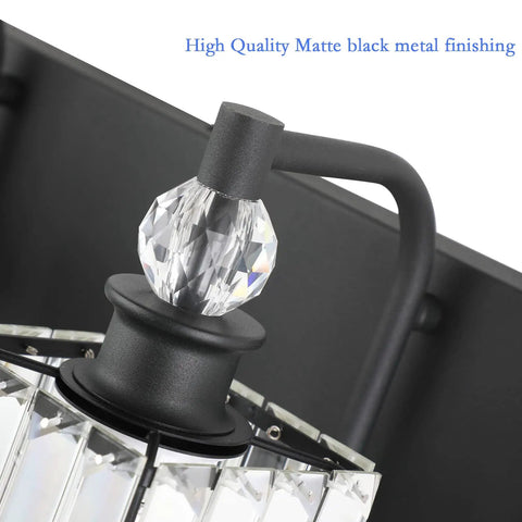 Close-up of Crystal Black Vanity Light matte black metal finish and crystal detail for bathroom, over mirror fixture, E26 setup.