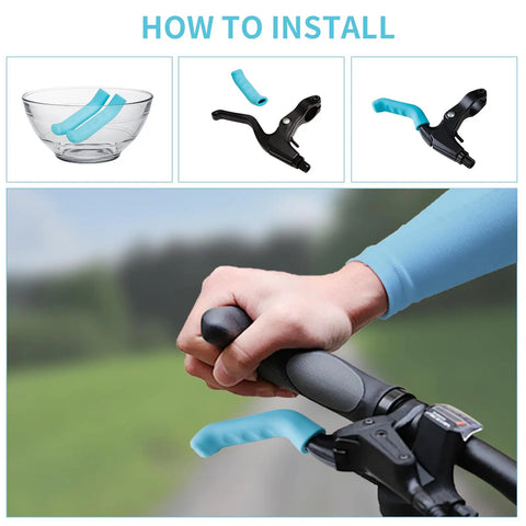 How to install 2 Pairs Silicone Brake Lever Covers For Bikes, Anti Slip Grip Sleeves, shown on bike levers and hand on grip.