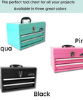 Three colored tool chests in aqua, pink, and black with two drawers and handles, showcasing different color options.