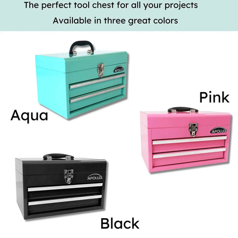 Three colored tool chests in aqua, pink, and black with two drawers and handles, showcasing different color options.
