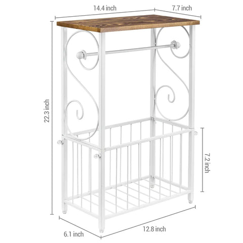 White Metal Bathroom Organizer With Scrollwork And Wood Top Shelf Magazine Basket And Towel Storage Stand For Vanity Or Bath Area Space Saving Table Style Organizer For Toiletries And Magazines with size dimensions
