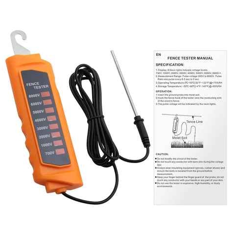 Electric Fence Voltage Tester 700V-8000V With 8 Neon Indicator Lights, Quick Pulse Readouts Every 0.5 to 2 Seconds, Detect Voltage Drop From Vegetation, Short Circuits, Or Aging Fence Wires, Handy Farm Fence Tool, orange handheld tester with probe and manual