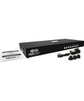 Heavy Duty Eight Port Displayport Kvm Switch With Us Govt Niap Tight Security And Cac Port For Smooth 4K Screen Switching and Bulletproof Office Hardware Organization, black unit with seven ports and cables.