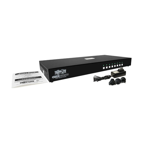 Heavy Duty Eight Port Displayport Kvm Switch With Us Govt Niap Tight Security And Cac Port For Smooth 4K Screen Switching and Bulletproof Office Hardware Organization, black unit with seven ports and cables.