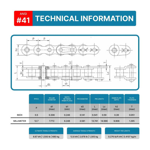 Technical diagram for Roller Chain Offset Links ANSI No 41, One Half Inch Pitch Half Link, Carbon Steel Construction, Single Strand.