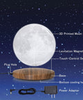 Floating Moon Lamp With Magnetic Levitation Base, 18 Color Spinning 3D Night Light on wooden base with labeled components