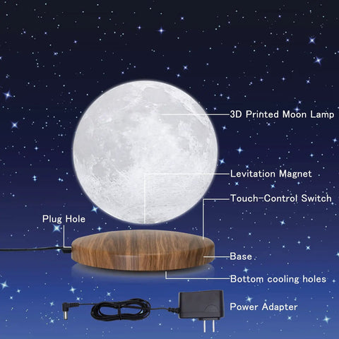 Floating Moon Lamp With Magnetic Levitation Base, 18 Color Spinning 3D Night Light on wooden base with labeled components