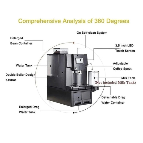 Diagram of Super Automatic Espresso Machine And Hot Water Dispenser Combo Featuring Easy One Touch Operation Quick 25 Second Extraction No Mess Anti Drip Build.