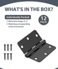 Top Shelf Matte Black Interior Door Hinges 3 1/2 Inch 1/4 Radius Flat Iron Hardware With Zero Hassle Seamless Plain Bearing Track For Bulletproof Smooth Swinging Wood Doors And Quick Home Fixes 12 Pack included individual hinges and screws.