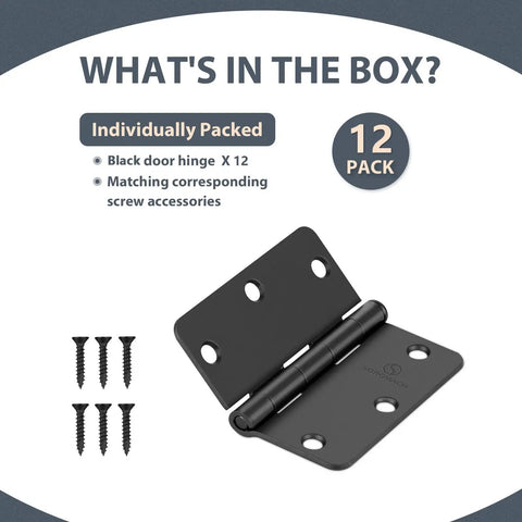 Top Shelf Matte Black Interior Door Hinges 3 1/2 Inch 1/4 Radius Flat Iron Hardware With Zero Hassle Seamless Plain Bearing Track For Bulletproof Smooth Swinging Wood Doors And Quick Home Fixes 12 Pack included individual hinges and screws.