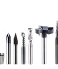 Straight Up Killer 7 Piece Solid Carbide Router Bit Kit With 6mm Shank End Mills And T Slot Cutters Built Tough For CNC Engraving Hardwood Projects And Steel Milling That Handles Heavy Work Without Breaking A Sweat, showcasing various router bits.