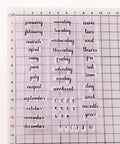 Straight Up Durable Calendar Clear Stamps With Solid Silicone Week Month Year Date Numbers layout on transparent sheet with grid