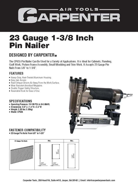 Strong Armed Pneumatic 23 Gauge Pin Nailer Forged From Hardened Aluminum With Rear Air Exhaust and double trigger guard.