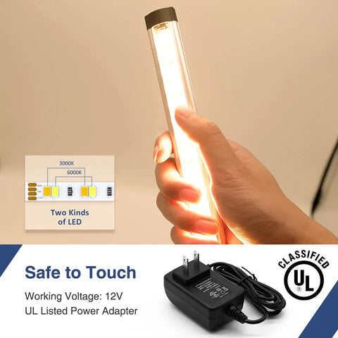 Hand holding 12-inch strip from Under Cabinet Lighting Kit With 6 Pack 12 Inch LED Strips, Plug In Dimmable Tunable White 3000K-6000K, with adapter
