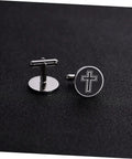 Men's Black Titanium Steel Cross Cufflinks Polished Shirt Fasteners For Formal And Casual Wear Go To Accessory With Elegant Religious Style For Everyday Gear And Gift, round design on dark background