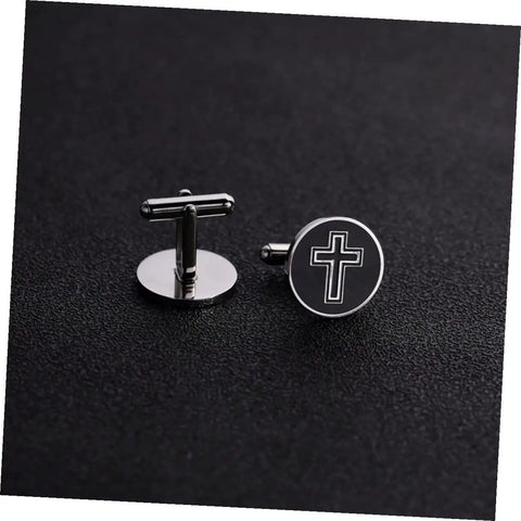 Men's Black Titanium Steel Cross Cufflinks Polished Shirt Fasteners For Formal And Casual Wear Go To Accessory With Elegant Religious Style For Everyday Gear And Gift, round design on dark background