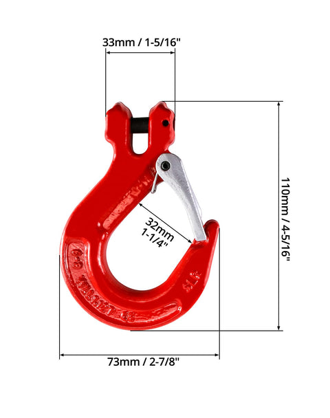 Clevis Slip Hook With Latch, 4 Pack, Five Sixteenths Of An Inch, 2470 Lbs Load Limit, Grade 80 Drop Forged Alloy Steel, red hook