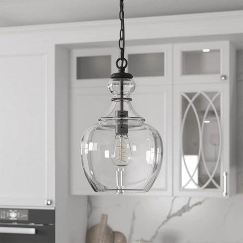 11 Inch Mid Century Modern Pendant Light With Clear Glass Dome Shade And 6 Foot Adjustable Cord For Kitchen Islands, Dining Rooms Or Game Rooms In Blackened Bronze Super Sleek hanging in modern kitchen.