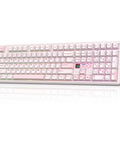 Premium Full Size Mechanical Gaming Keyboard Goes Hard With A Dot Matrix Display And Dynamic Rgb Backlighting For Seamless Mac Pc Or Android Gameplay Fueled By A Massive Ten Thousand Mah Battery In Sleek Pink Reaper Edition, showing key layout and RGB lighting.