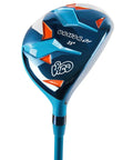 Close-up of a junior golf club head, blue with orange accents, 23° loft, part of the Junior Golf Club Set For Ages 9 To 12 With 54 To 58 Inches