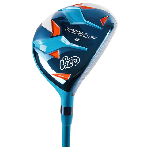 Close-up of a junior golf club head, blue with orange accents, 23° loft, part of the Junior Golf Club Set For Ages 9 To 12 With 54 To 58 Inches